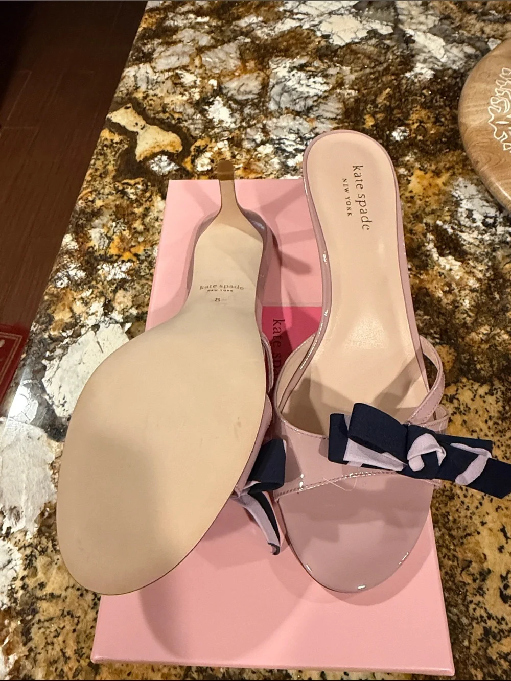kate spade Blush Pink Patent Slide Mules with Navy Bow Accent